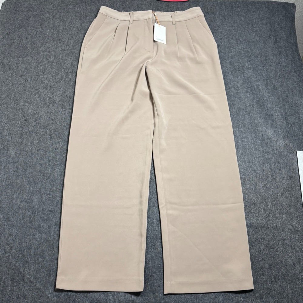 Quince Women Sand Beige Pleated High Waist Wide Leg Trousers Size 14 NEW